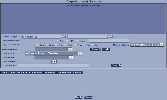 00126 schedule search screen